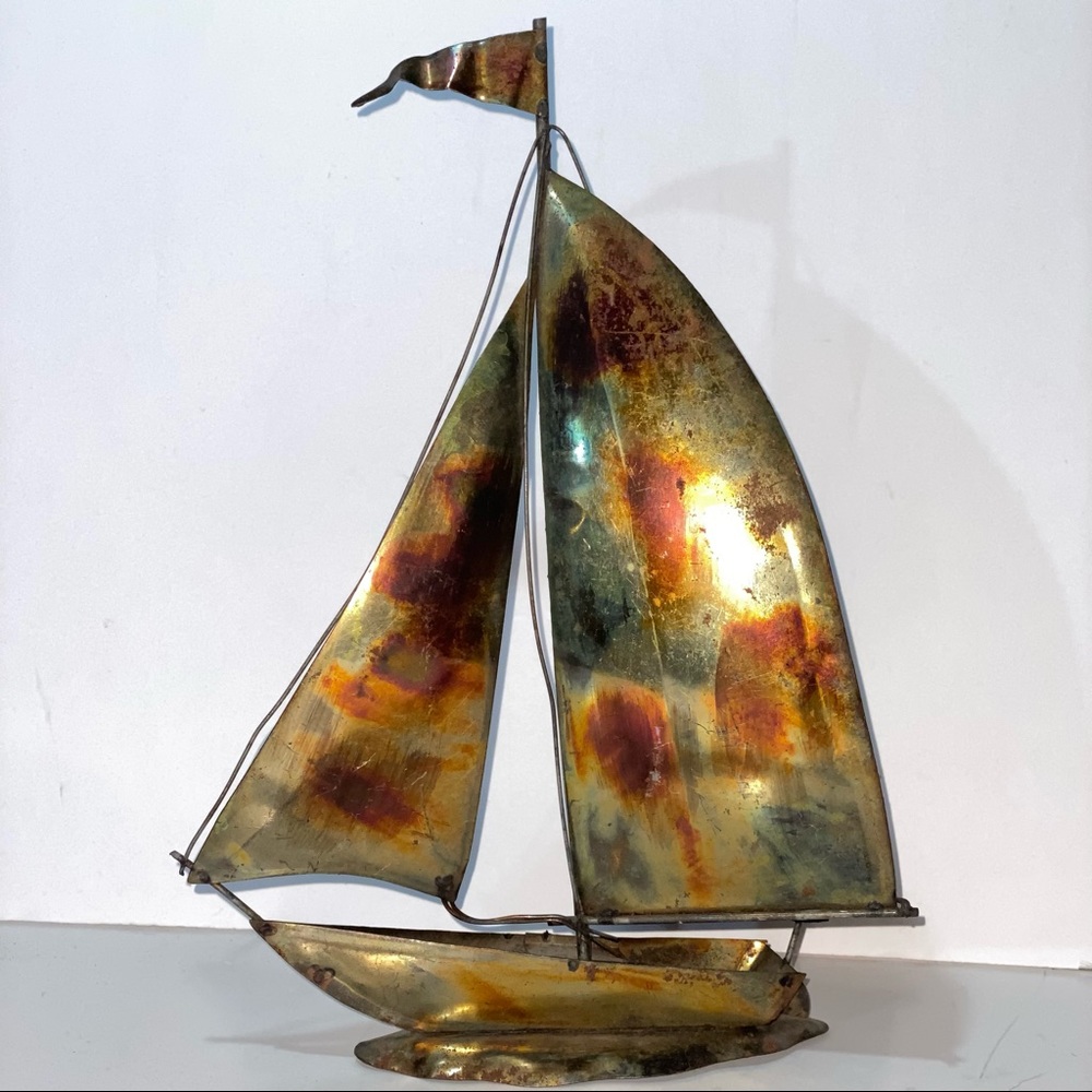 Vintage Brass Cooper Tin Sailboat Sculpture Freestanding MCM Decor